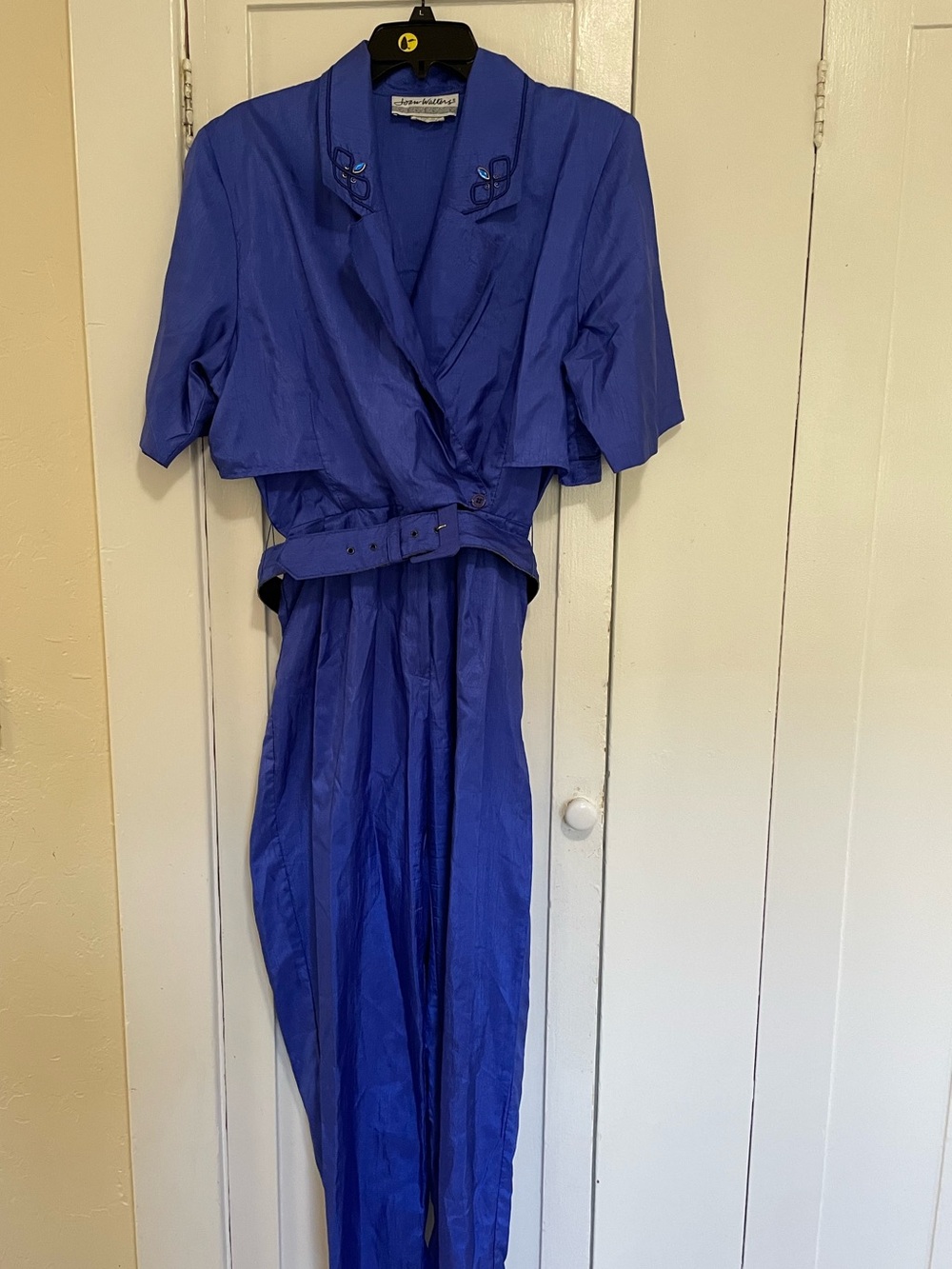 Joan Walters Vintage Blue Women's Belted jumpsuit rhinestone embroidered collar